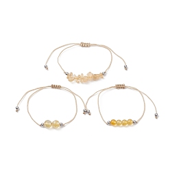 Citrine 3 pcs 3 ensemble de bracelets de perles tressées en citrine naturelle de style, bracelets réglables en fil de nylon pour femmes, diamètre intérieur: 3-3/8 pouce (8.5 cm), 1 pc / style