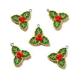 Colorful Opaque Resin Pendants, with Platinum Tone Iron Loops, Christmas Theme, Fruit with Leaves, Colorful, 27x24x8mm, Hole: 2mm