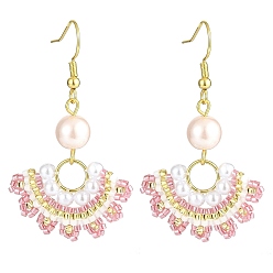 Pink Abanico de cuentas de cristal con pendientes colgantes de perlas de imitación, oro 304 joyas de acero inoxidable para mujer., rosa, 51 mm, pin: 0.8 mm