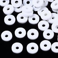 Blanc Perles d'argile polymère faites à la main respectueuses de l'environnement, disque / plat rond, perles heishi, blanc, 6x1mm, Trou: 2mm, environ23500 pcs / 1000 g