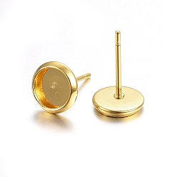 Real 18K Gold Plated 304 Stainless Steel Stud Earring Findings, Flat Round, Golden, Tray: 6mm, 12x8mm, Pin: 0.8mm