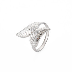 Stainless Steel Color 304 Stainless Steel Leaf Open Cuff Ring for Women, Stainless Steel Color, US Size 6 3/4(17.1mm)