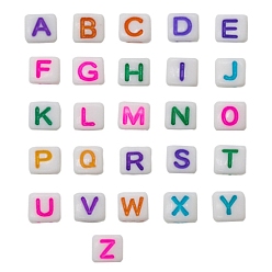 Colorido Abalorios de acrílico opacos, blanco, cubo con alfabeto, letra a Z ~, colorido, 6x6x6 mm