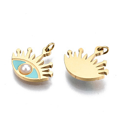 Pale Turquoise 316 Surgical Stainless Steel Enamel Charms, with Jump Rings and ABS Plastic Imitation Pearl Bead, Real 14K Gold Plated, Eye, Pale Turquoise, 11x12x1mm, Jump Ring: 2.7x0.4m, 1.9mm inner diameter