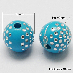 Dark Turquoise Plating Acrylic Beads, Metal Enlaced, Round, Dark Turquoise, 10x10mm, Hole: 2mm, 1000pcs/500g