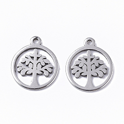 Stainless Steel Color 201 Stainless Steel Charms, Flat Round with Tree of Life, Stainless Steel Color, 12x10x1mm, Hole: 1mm