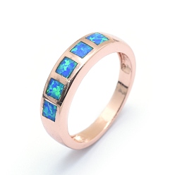 Rose Gold Synthetic Opal Finger Rings, with Brass Findings, Long-Lasting Plated, Size 7, Dodger Blue, Rose Gold, 17.5mm