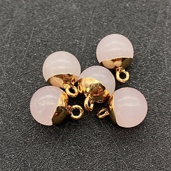 Quartz Rose Breloques rondes en quartz rose naturel avec accessoires en métal plaqué or, 15x10mm