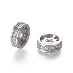 Platine Micro cuivres ouvrent cubes zircone perles d'espacement, plaqué longue durée, plat rond, clair, platine, 12x4mm, Trou: 2mm