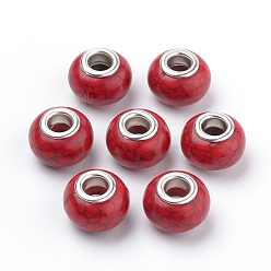 Красный Европейские бусины из искусственной бирюзы из смолы, бусины с большим отверстием, с серебряного цвета латуни двойные сердечники, рондель, красные, 14x9.5 мм, отверстие : 5 мм
