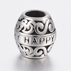 Antique Silver 304 Stainless Steel European Beads, Large Hole Beads, Barrel with Word Happy Anniversary, Antique Silver, 10.5x10.5mm, Hole: 5mm