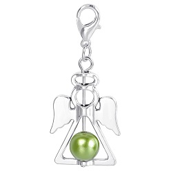 Yellow Green Alloy Angel Pendant Decorations, with CCB Imitation Pearl, Yellow Green, 4.4x1.9cm