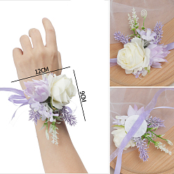Medium Purple Silk Cloth Imitation Flower Wrist Corsage, Hand Flower for Bride or Bridesmaid, Wedding, Party Decorations, Medium Purple, 120x90mm
