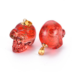 Rouge Galvanoplastie k9 pendentifs en verre, avec bélières en laiton doré, drawbench, crane, Halloween, rouge, 25x26~27x19mm, Trou: 5x3mm