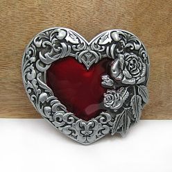 Red Zinc Alloy Enamel Buckles, Belt Fastener, for Men's Belt, Heart, Antique Silver, Red, 80x74mm