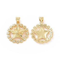Golden Brass Micro Pave Cubic Zirconia Pendants, Wreath with Star Charm, Golden, 27.5x21x3mm, Hole: 5x3mm