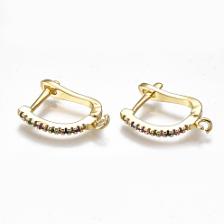 Golden Brass Micro Pave Cubic Zirconia(Random Mixed Color) Hoop Earring Findings with Latch Back Closure, with Horizontal Loop, Golden, 20x15x2mm, Hole: 1.5mm, Pin: 2x0.8mm