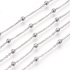 Stainless Steel Color 304 Stainless Steel Cable Chains, Satellite Chains, with Round Beads, Soldered, Flat Oval, Stainless Steel Color, Link: 2x1.5mm, Bead: 3mm