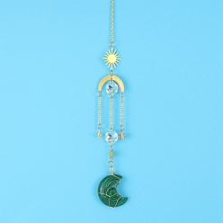 Malachite Malachite Moon Sun Catcher Hanging Ornaments, with Brass Star & Sun, for Home, Garden Decoration, 400mm