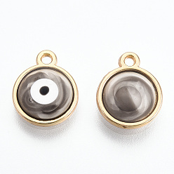 Gray Epoxy Resin Enamel Evil Eye Charms, with Rack Plating Light Gold Tone Alloy Open Back Bezel, Cadmium Free & Nickel Free & Lead Free, Gray, 12.5x10x1.5~2.5mm, Hole: 1.2mm