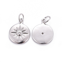 Platinum Brass Charms, with Cubic Zirconia, Flat Round with Sun, Clear, Platinum, 15x12x2mm, Hole: 3.5mm