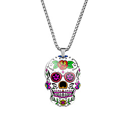 Magenta Stainless Steel Skull with Flower Pendant Necklaces, Halloween Jewelry for Women, Magenta, 23.62 inch(60cm)