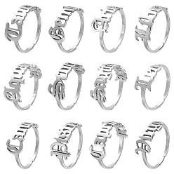 Stainless Steel Color 12Pcs 12 Constellation 304 Stainless Steel Open Cuff Rings Set for Women, Stainless Steel Color, US Size 7 1/4(17.5mm)~US Size 7 3/4(17.9mm), 1Pc/style