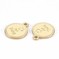 Light Gold Rack Plating Alloy Pendants, Cadmium Free & Lead Free, Flat Round with Smiling Face and Word for Today, Light Gold, 17x14x1.5mm, Hole: 1.6mm