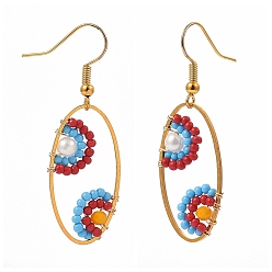 Colorful Oval Dangle Earrings, with Glass Seed Beads, Glass Pearl Beads, Brass Linking Rings and Iron Earring Hooks, Golden, Colorful, 47mm, Pin: 0.7mm