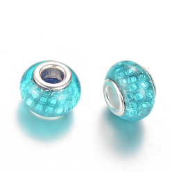 Bleu Ciel Clair Résine perles européennes, Perles avec un grand trou   , avec noyaux en laiton plaqué couleur argent, rondelle, lumière bleu ciel, 14x9~9.5mm, Trou: 5mm
