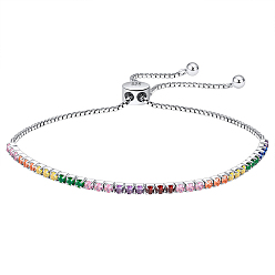 Platine Bracelet tennis coloré en zircone cubique, bracelets coulissants réglables en argent sterling plaqué rhodium, avec cachet 925, platine, 925 pouce (6-1/4~9-1/8 cm)