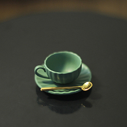 Medium Sea Green Mini Tea Sets, including Porcelain Teacup & Saucer, Alloy Spoon, Miniature Ornaments, Micro Landscape Garden Dollhouse Accessories, Pretending Prop Decorations, Medium Sea Green, 7~19x3~16mm, 3pcs/set