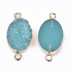 Medium Turquoise Electroplate Druzy Resin Links connectors, with Iron Findings, Oval, Light Gold, Medium Turquoise, 26~27x13x5~6mm, Hole: 1mm