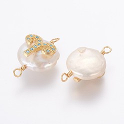 Aries Natural Pearl Links connectors, with Brass Micro Pave Cubic Zirconia Findings, Flat Round with Constellation, Golden, Deep Sky Blue, Aries, 20~26x9~17x5~11mm, Hole: 1.6mm