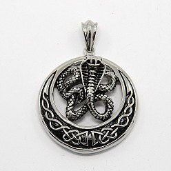 Antique Silver Retro Men's Halloween Jewelry 304 Stainless Steel Big Flat Round with Snake Cobra Pendants, Antique Silver, 53x49x19mm, Hole: 11x7mm