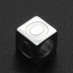 Letter O 201 Stainless Steel European Beads, Large Hole Beads, Horizontal Hole, Cube, Stainless Steel Color, Letter.O, 7x7x7mm, Hole: 5mm