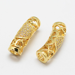 Golden Brass Micro Pave Cubic Zirconia Tube Beads, Lead Free & Nickel Free, Golden, 21.5x7x6.1mm, Hole: 3.5mm
