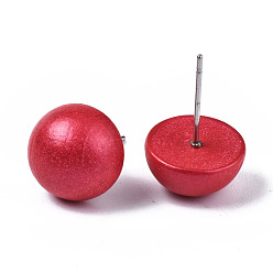 Red Pearlized Half Round Schima Wood Earrings for Girl Women, Stud Earrings with 316 Surgical Stainless Steel Pins, Red, 11x4.5mm, Pin: 0.7mm