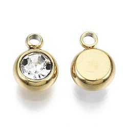 Crystal Vacuum Plating 201 Stainless Steel Rhinestone Charms, Birthstone Charms, Flat Round, Real 18K Gold Plated, Crystal, 8.5x6x3mm, Hole: 1.5mm