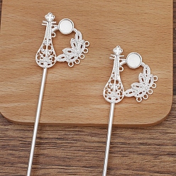 Silver Iron Hair Stick Findings, with Alloy Pipa and Settings, Silver, 145x30mm