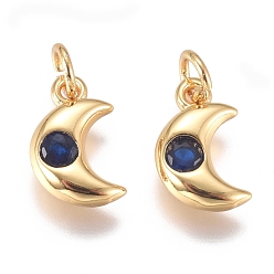Bleu Marine Micro cuivres ouvrent charmes de zircons, avec anneau de saut, plaqué longue durée, lune, or, bleu marine, 10x6.5x2mm, Trou: 3mm