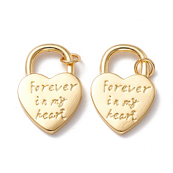 Real 18K Gold Plated Rack Plating Brass Pendants, Long-Lasting Plated, with Jump Ring, Lead Free & Cadmium Free, Heart Lock with Phrase Forever in my heart, Real 18K Gold Plated, 27.5x18.5x2.5mm, Hole: 4mm
