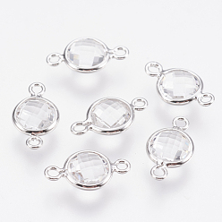 Clear Glass Links connectors, with Brass Findings, Faceted Flat Round, Nickel Free, Real Platinum Plated, Clear, 12x7x3mm, Hole: 1.2mm