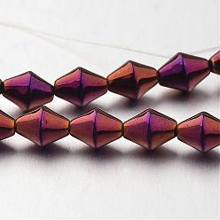 Purple Plated Electroplate Non-magnetic Synthetic Hematite Bead Strands, Bicone, Purple Plated, 5.5x4mm, Hole: 1mm, about 72pcs/strand, 15.7 inch