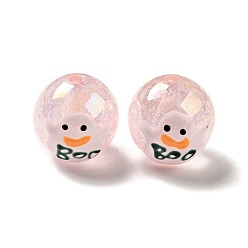 Pink AB Color Transparent Crackle Acrylic Round Beads, Halloween Ghost Beads, with Enamel, Pink, 19.5x20.5mm, Hole: 3mm
