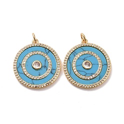 Clear Flat Round Brass Micro Pave Cubic Zirconia Pendants, with Synthetic Turquoise and Jump Rings, Cadmium Free & Lead Free, Real 18K Gold Plated, Clear, 25x23x2.5mm, Hole: 3.4mm
