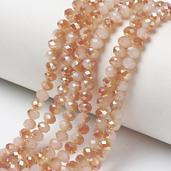 Light Salmon Electroplate Glass Beads Strands, Imitation Jade Beads, Half Plated, Rainbow Plated, Faceted, Rondelle, Light Salmon, 3x2mm, Hole: 0.8mm, about 165~169pcs/strand, 15~16 inch(38~40cm)