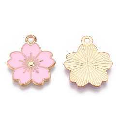 Pearl Pink Alloy Enamel Pendants, Sakura Flower, Light Gold, Pearl Pink, 20.5x17.5x1.5mm, Hole: 2mm