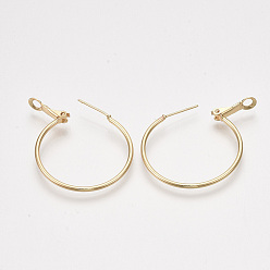 Real 18K Gold Plated Brass Hoop Earrings, Real 18K Gold Plated, 34x30x1.5mm, Pin: 0.8mm