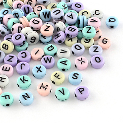 Couleur Mélangete Perles acryliques opaques de style artisanal rondes plates, trou horizontal, mélange de lettres, couleur mixte, 6.5x3mm, Trou: 1.5mm, environ4000 pcs / 500 g
